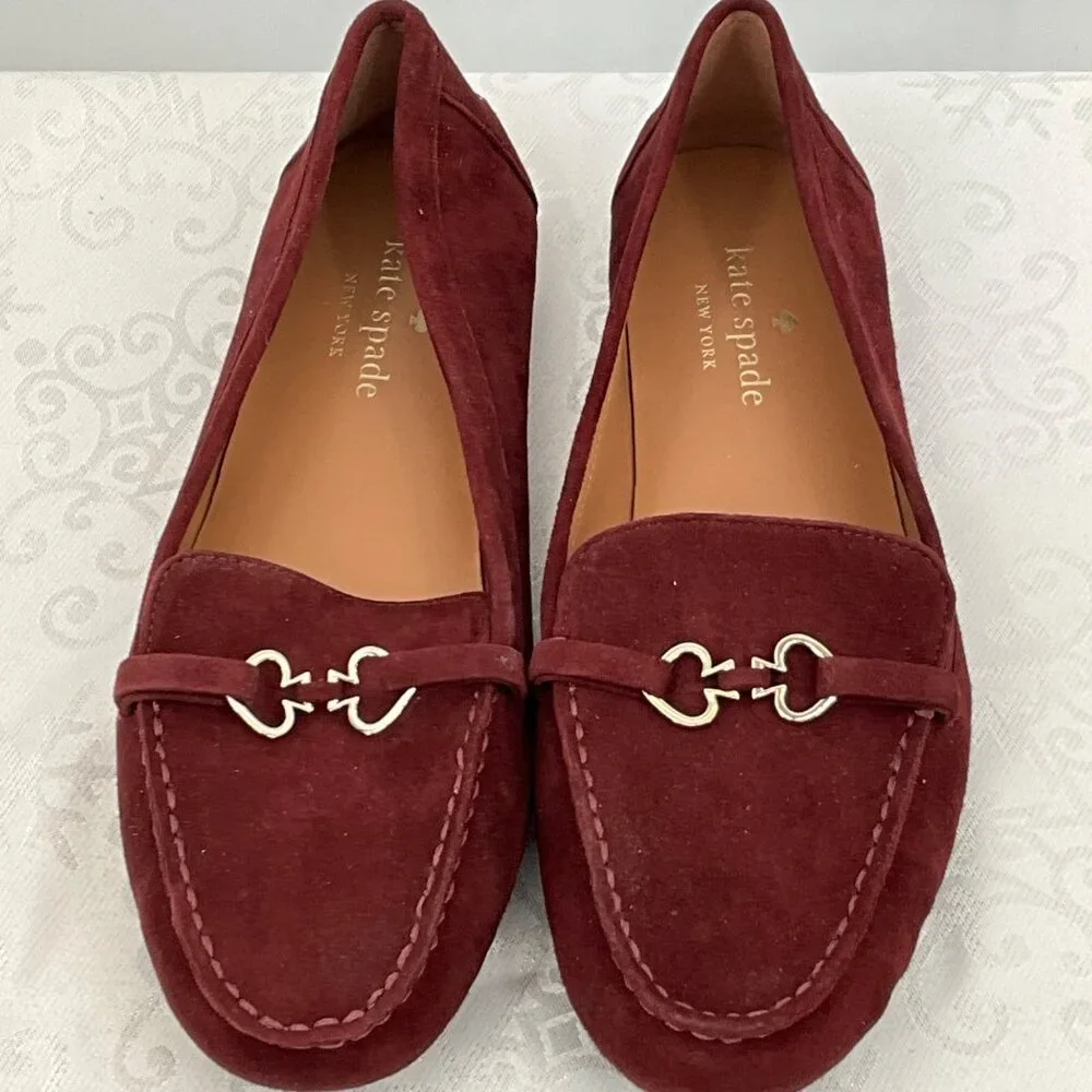 Kate Spade New York 8.5B Burgundy‎ Suede Loafers Silver Bit Detail Women's